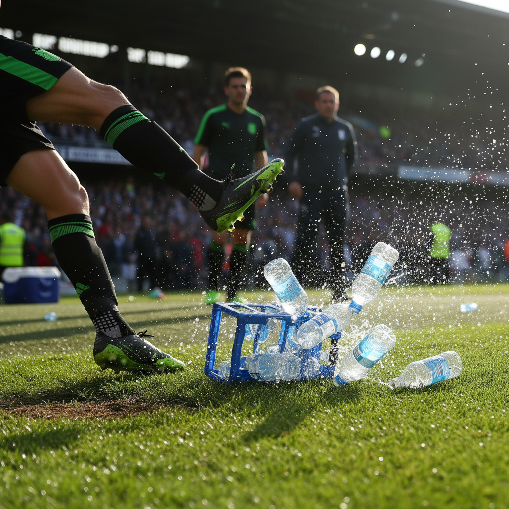 Football player kicking a water bottle carrier on the sidelines in frustration