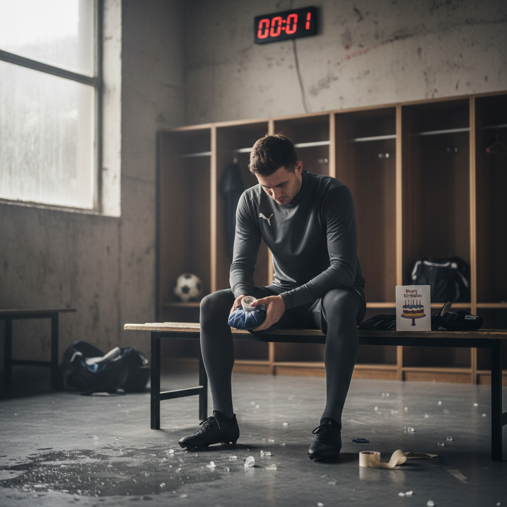 A tired football player icing his knee on a locker room bench next to a birthday card