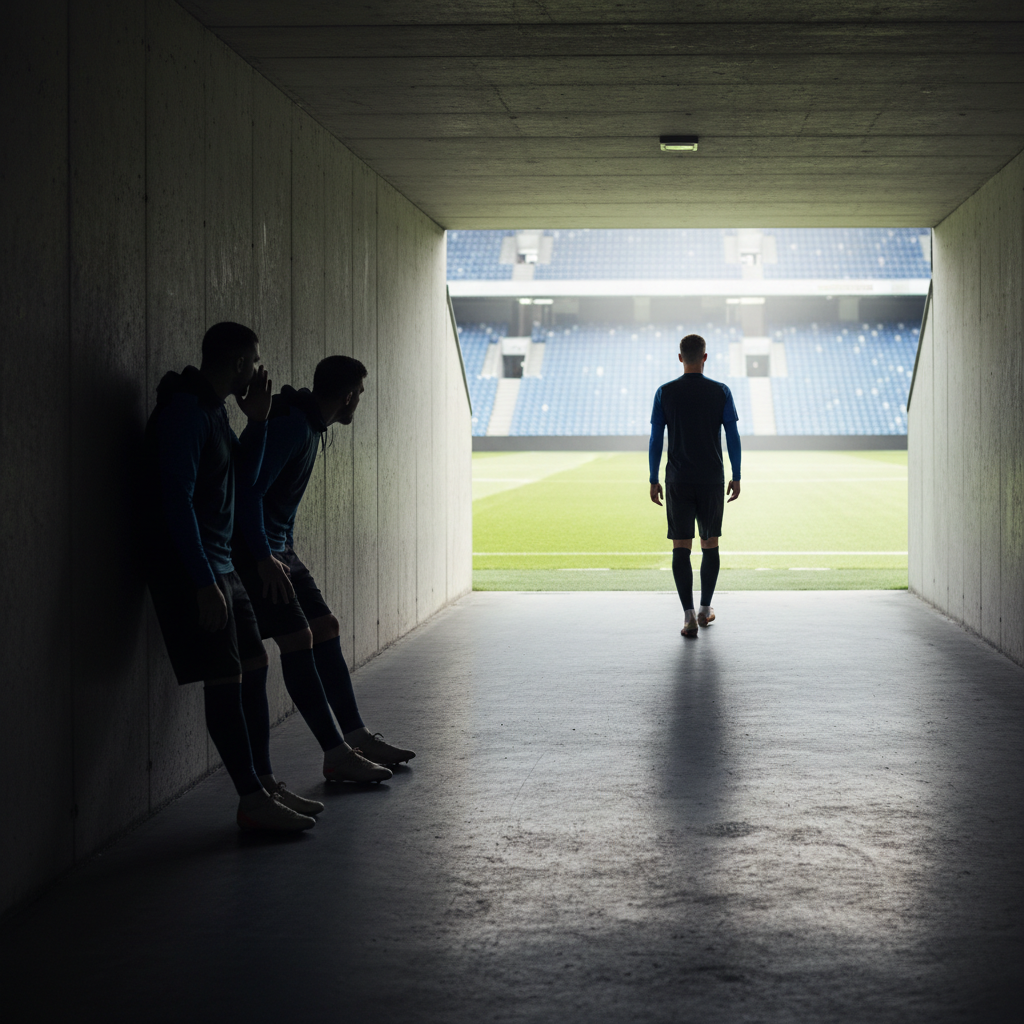 Two football players whispering in a stadium tunnel while watching a new teammate walk toward the pitch