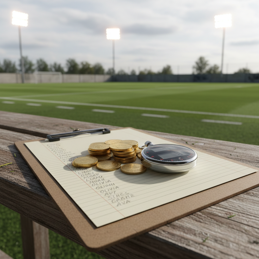 A clipboard with player names next to a stack of coins and a stopwatch on a stadium bench