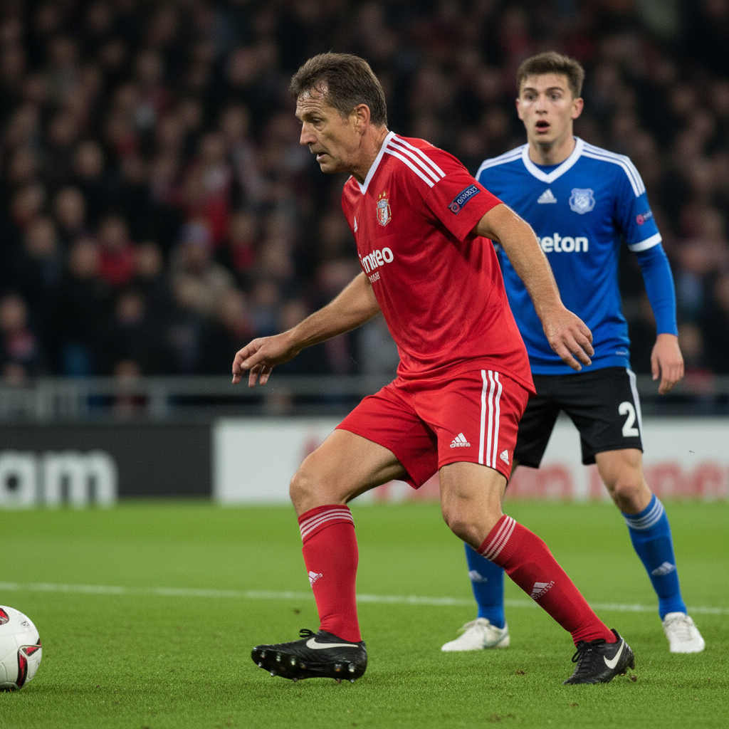 Veteran defender in red kit stepping to intercept a pass while a faster attacker reacts too late