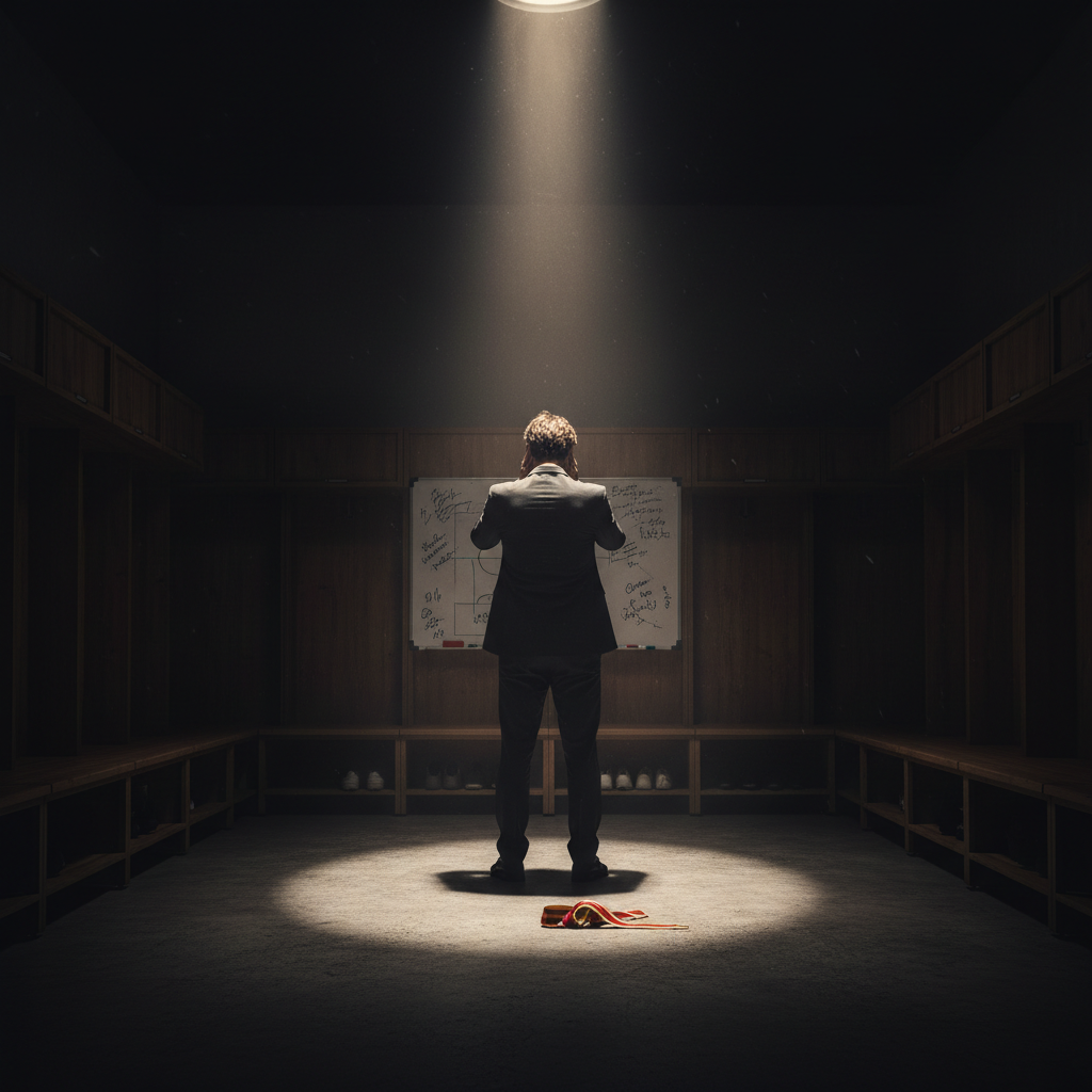 Football manager leaning over a whiteboard in a dark locker room with a captain armband on the floor
