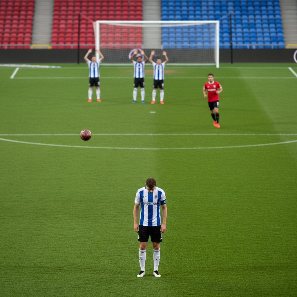 A lone defender standing out of position while the rest of his team pushes forward during a match