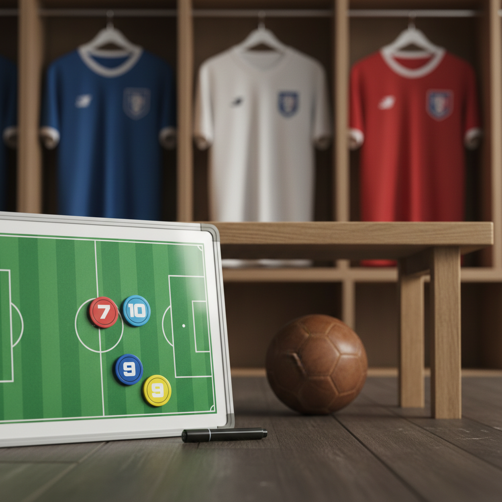 Tactical whiteboard in a locker room with one player marker knocked over next to hanging jerseys