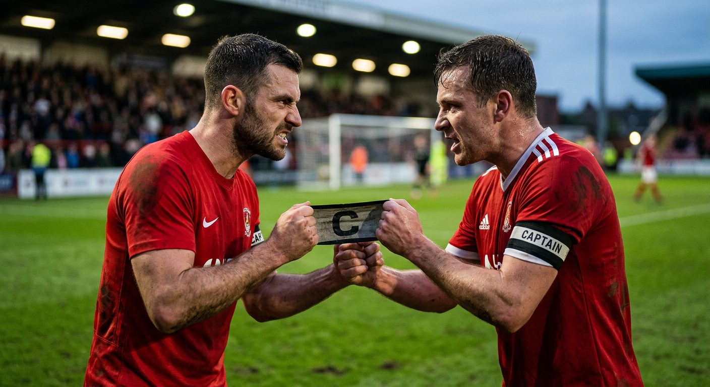 Two football players in red jerseys fighting over a single yellow captain's armband on a stadium pitch