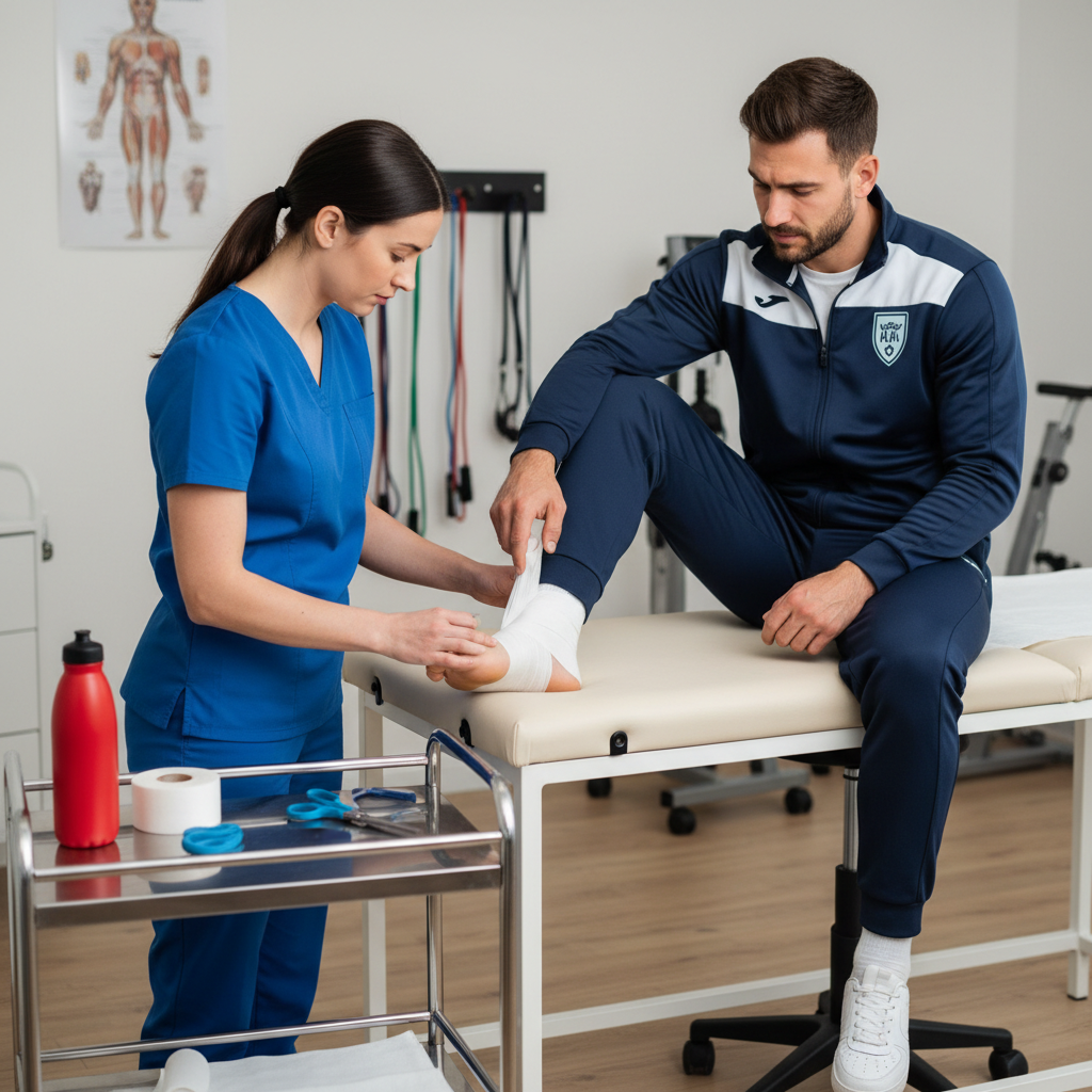 A physical therapist wraps a football player's injured ankle in a professional training room