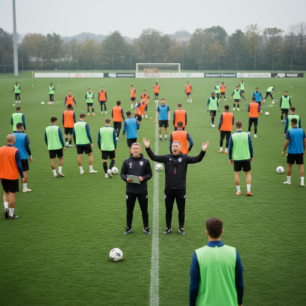 Crowded football pitch with too many players in training bibs looking disorganized