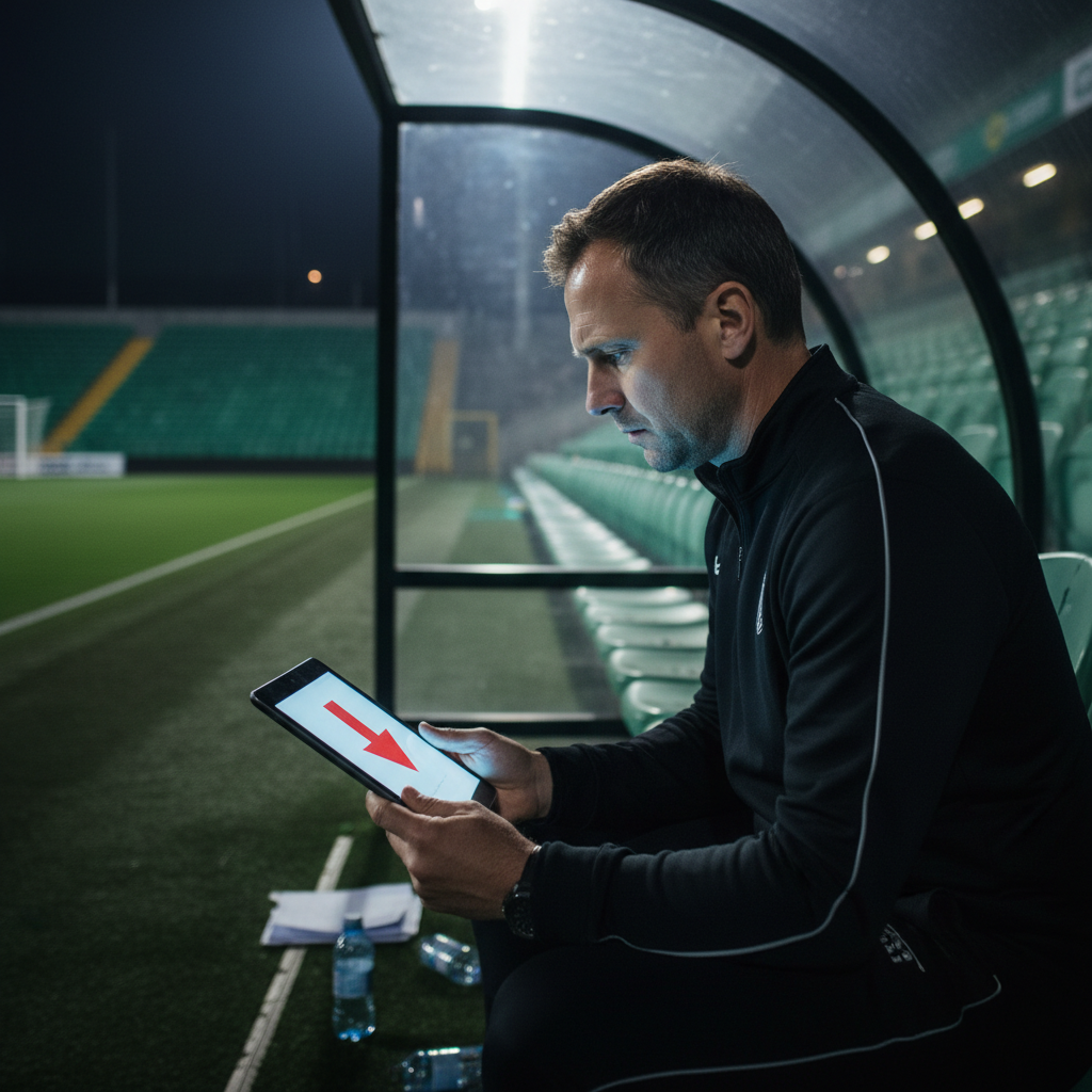 Frustrated manager in a dugout looking at a tablet with declining stats