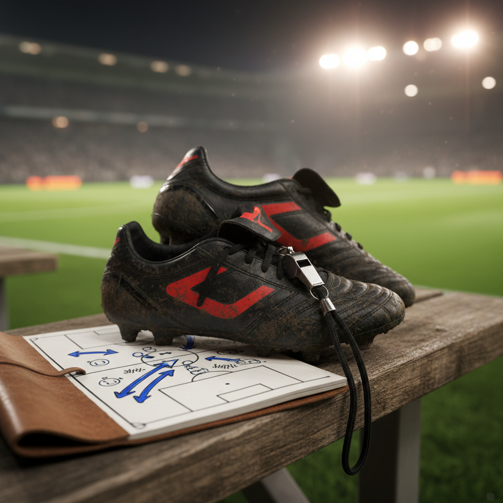 Tactical notebook with diagrams and muddy boots on a dugout bench overlooking a football pitch