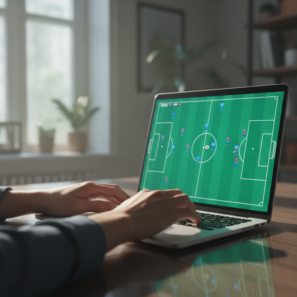 Hands typing on a laptop showing a top-down 2D football match simulation with numbered player icons