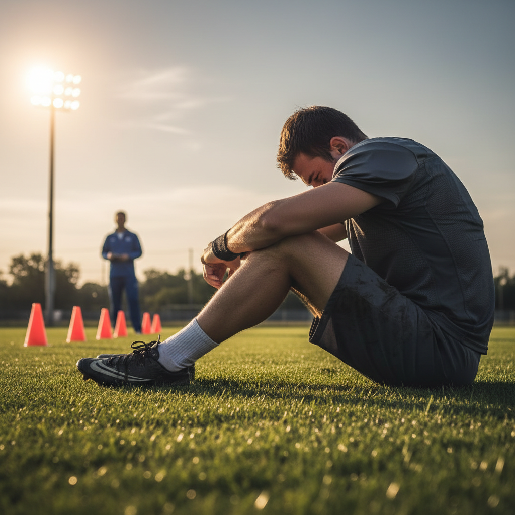 Exhausted football player sitting on a practice field with his head in his hands during a night session