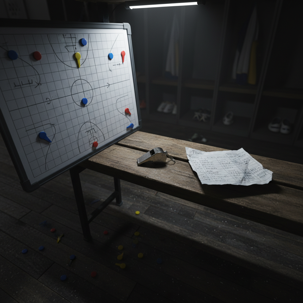 Tactical whiteboard with scattered magnets and a whistle in a moody locker room