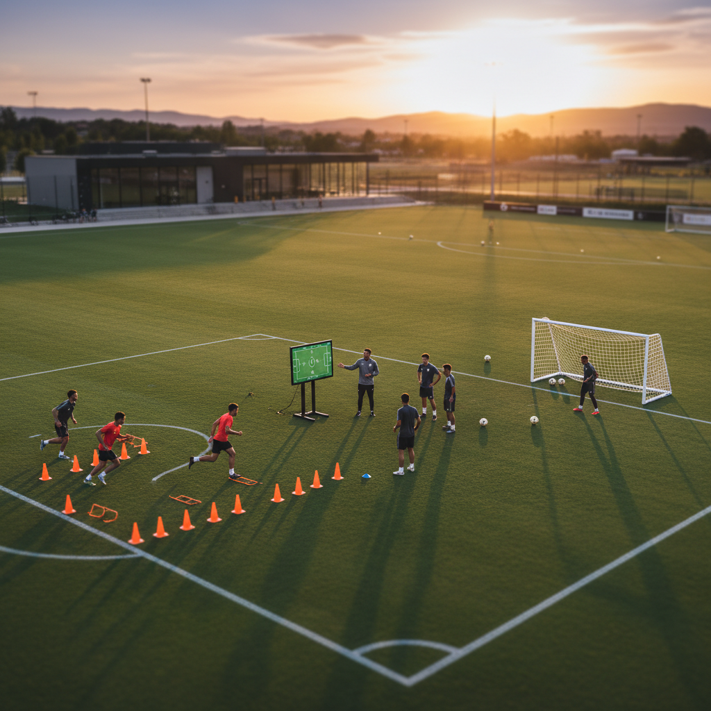 A wide view of a professional football training facility with multiple practice drills occurring simultaneously
