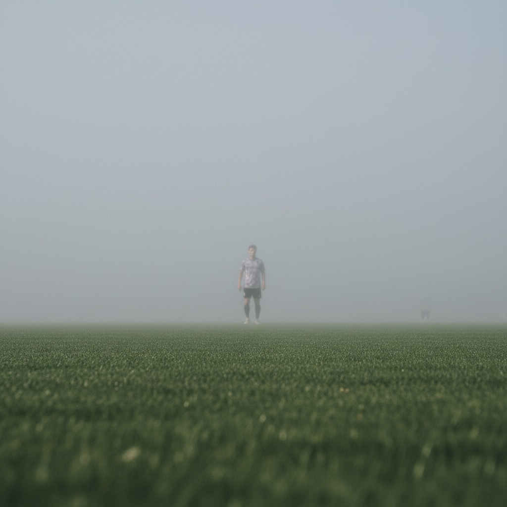 First-person view of a soccer pitch through a narrow tunnel of vision showing one nearby teammate