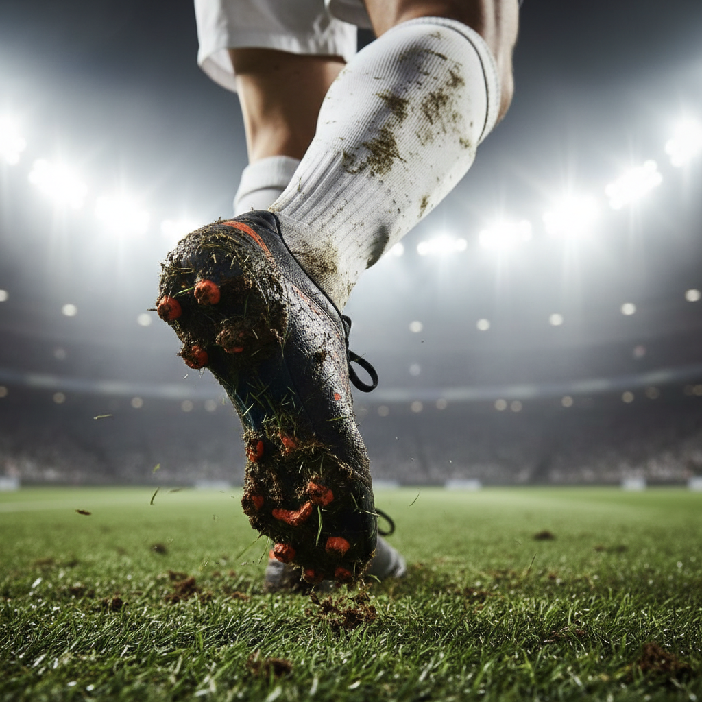 Muddy soccer cleats and socks mid-stride on a green grass field with stadium lights in the background