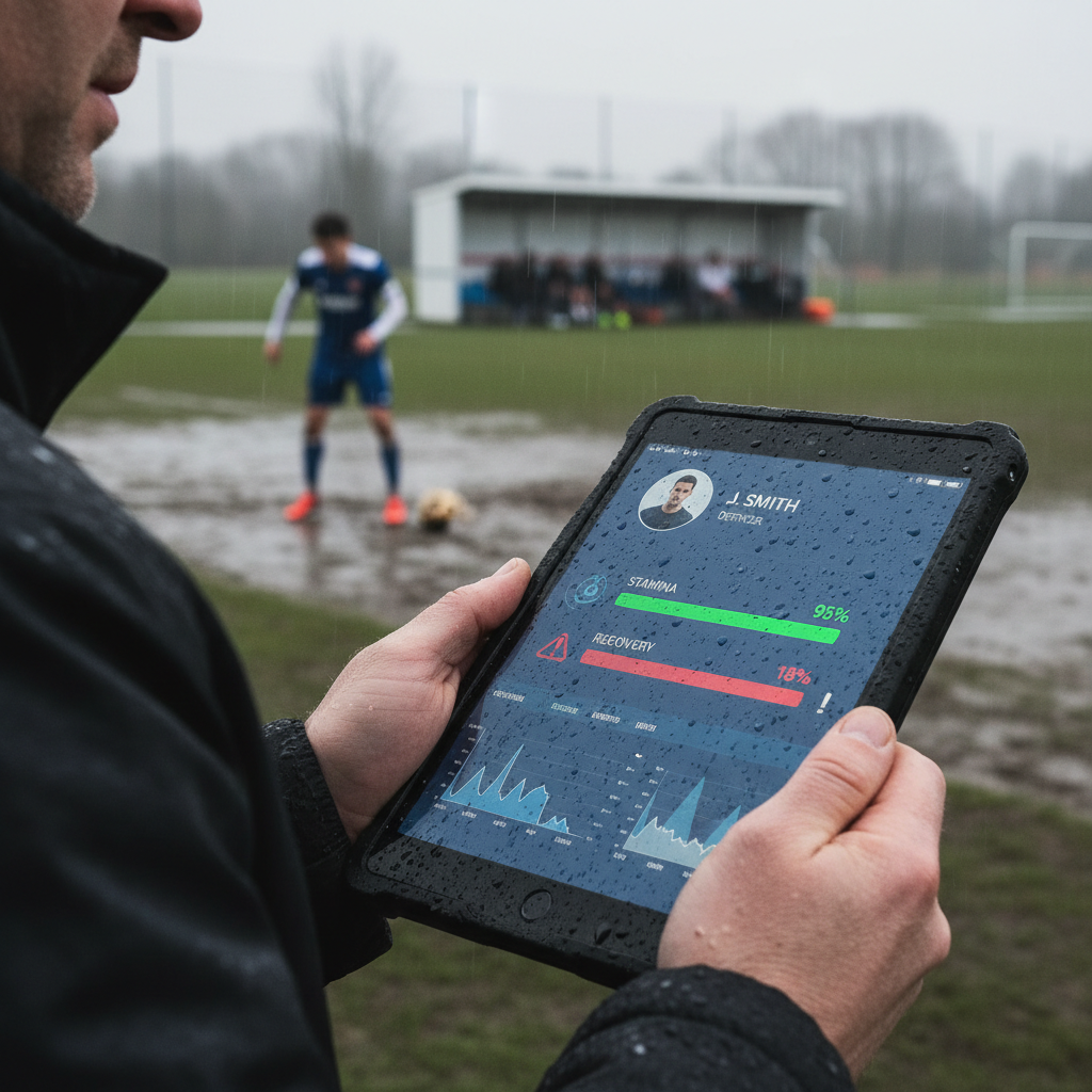 Coach holding a digital tablet showing a red low recovery warning for a player on a rainy football pitch