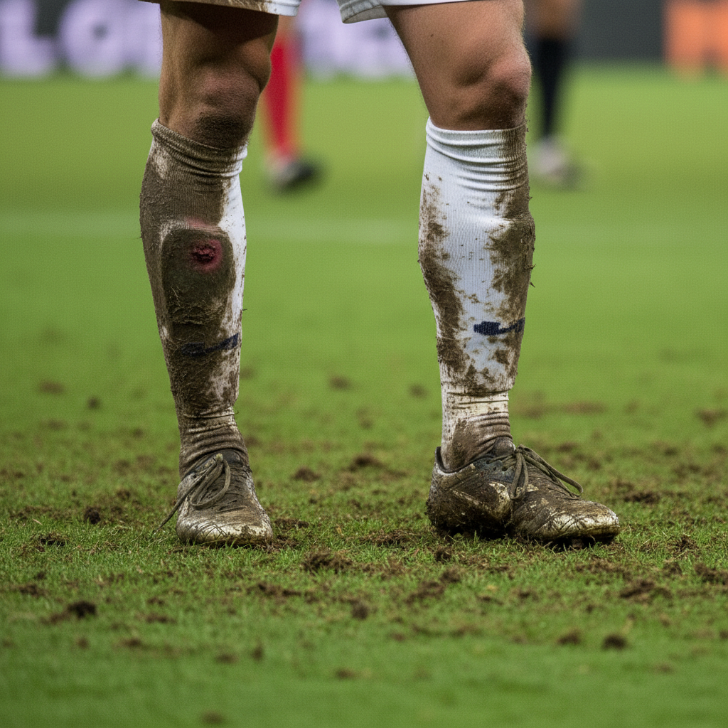 Close up of a football player's muddy legs and lowered socks standing on the grass during a match