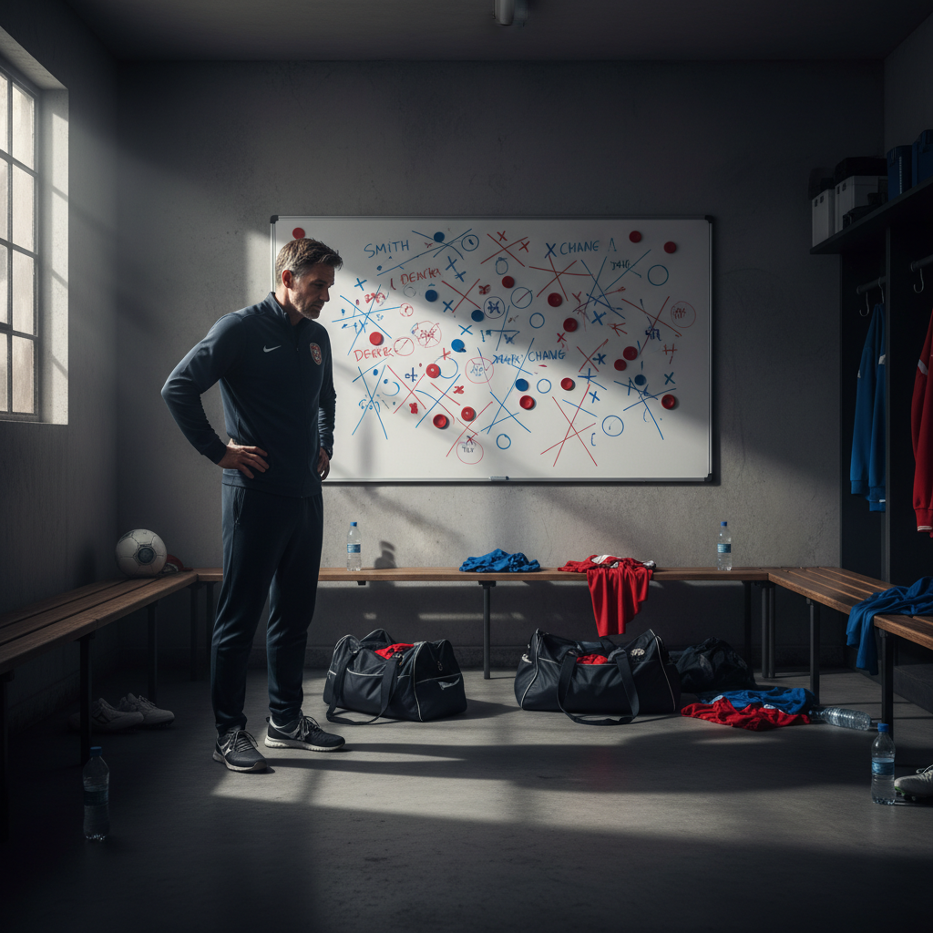 A football manager stands before a messy tactical whiteboard in a dark locker room surrounded by equipment bags