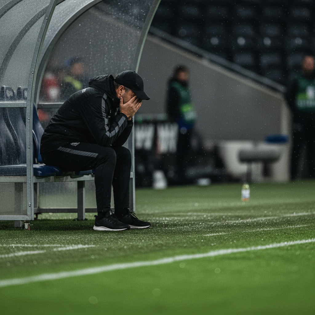 Stressed football manager sitting on a bench with their head in their hands