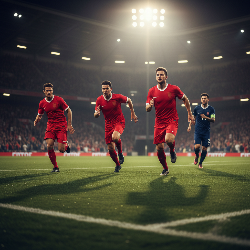 Three soccer players sprinting toward a lone defender on a pitch