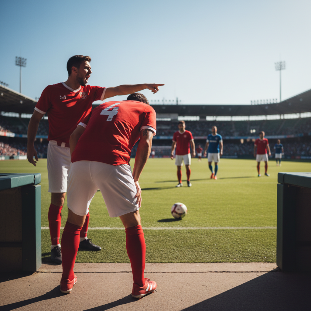 Tired football player leaning over on the pitch while a teammate gestures during a match