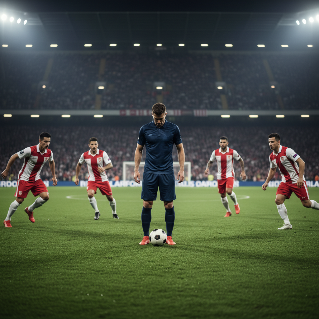 Soccer player looking at the ball while surrounded by three opponents on a stadium pitch