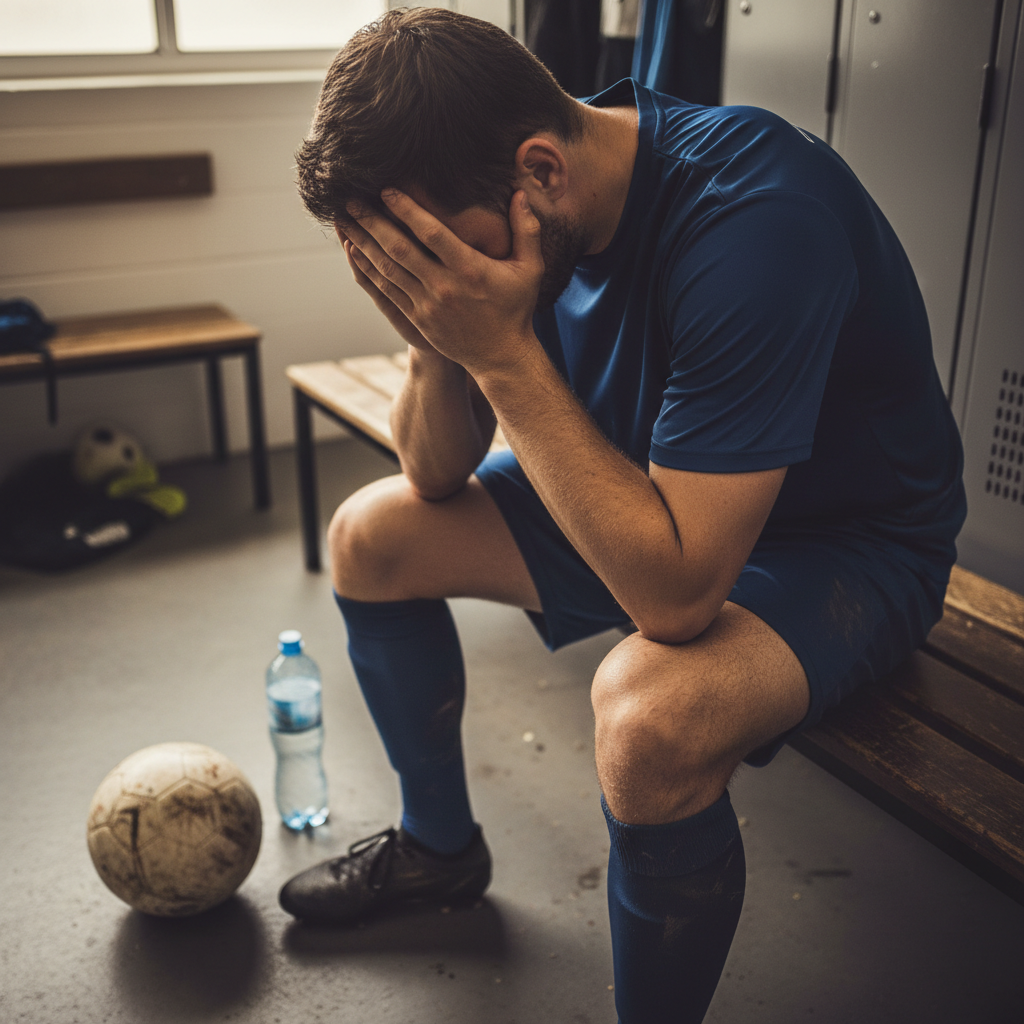 Exhausted football player sitting on a locker room bench with his head in his hands next to a muddy ball