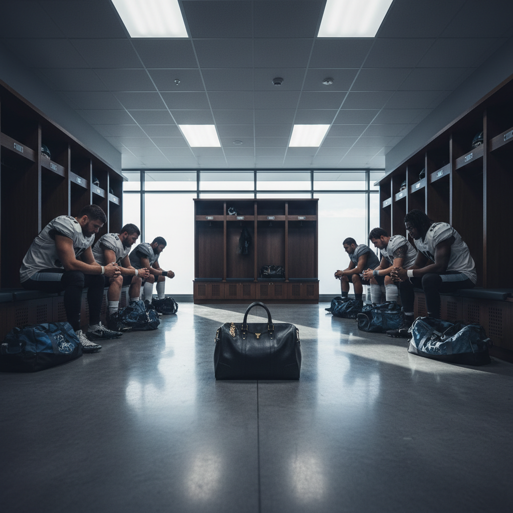 Football players sitting in a tense locker room with a luxury bag in the center