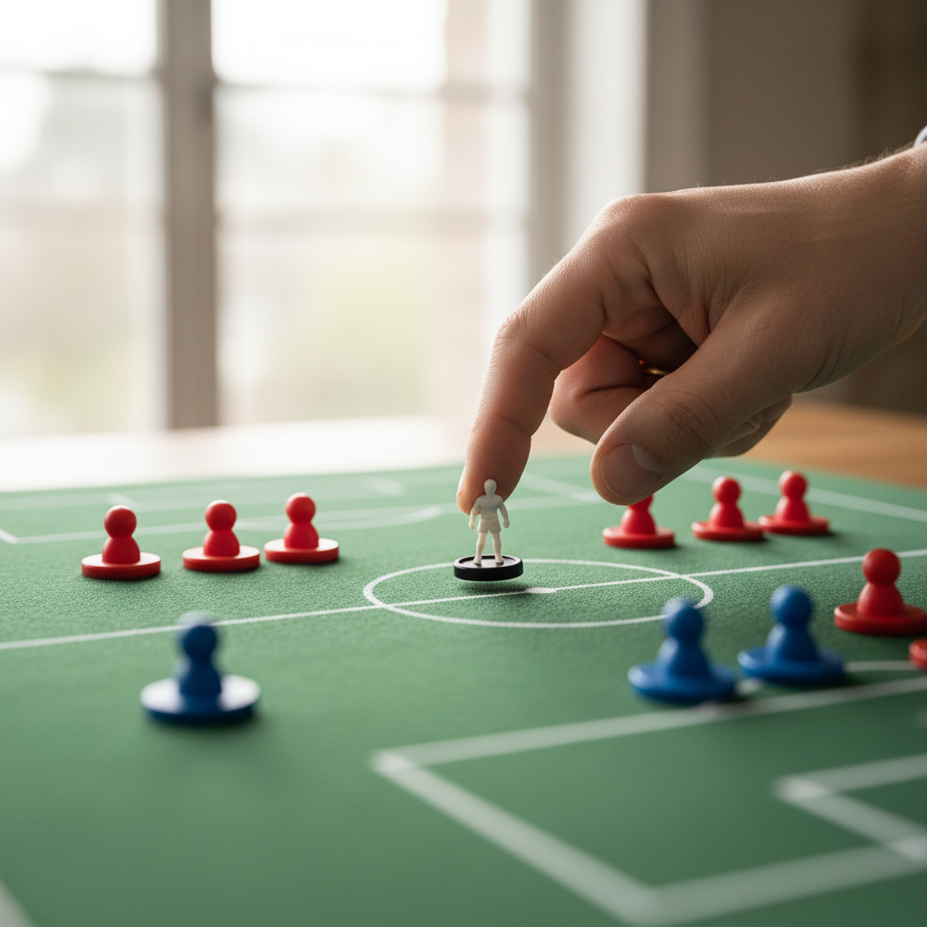 A hand making a small adjustment to a single player magnet on a football tactical board
