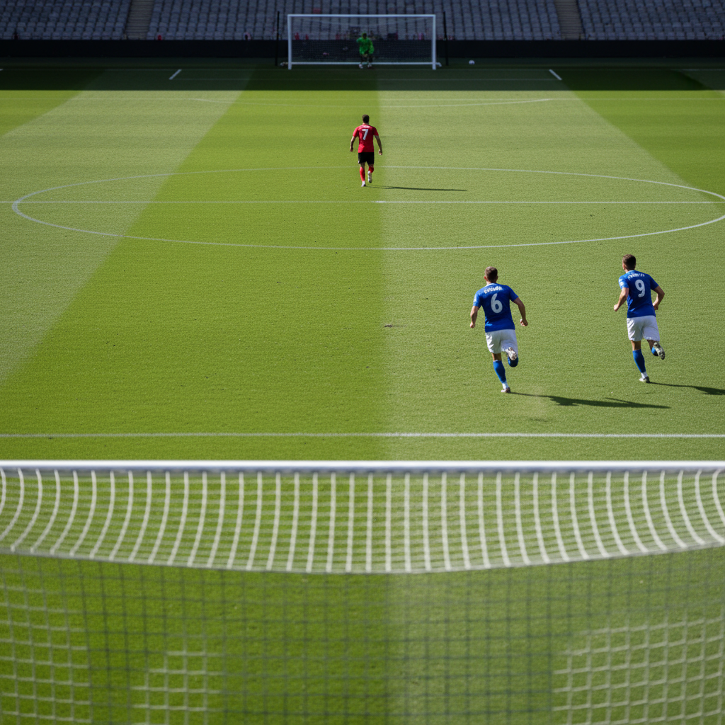 A lone defender leaves his position empty while two attackers sprint into the open space toward the goal