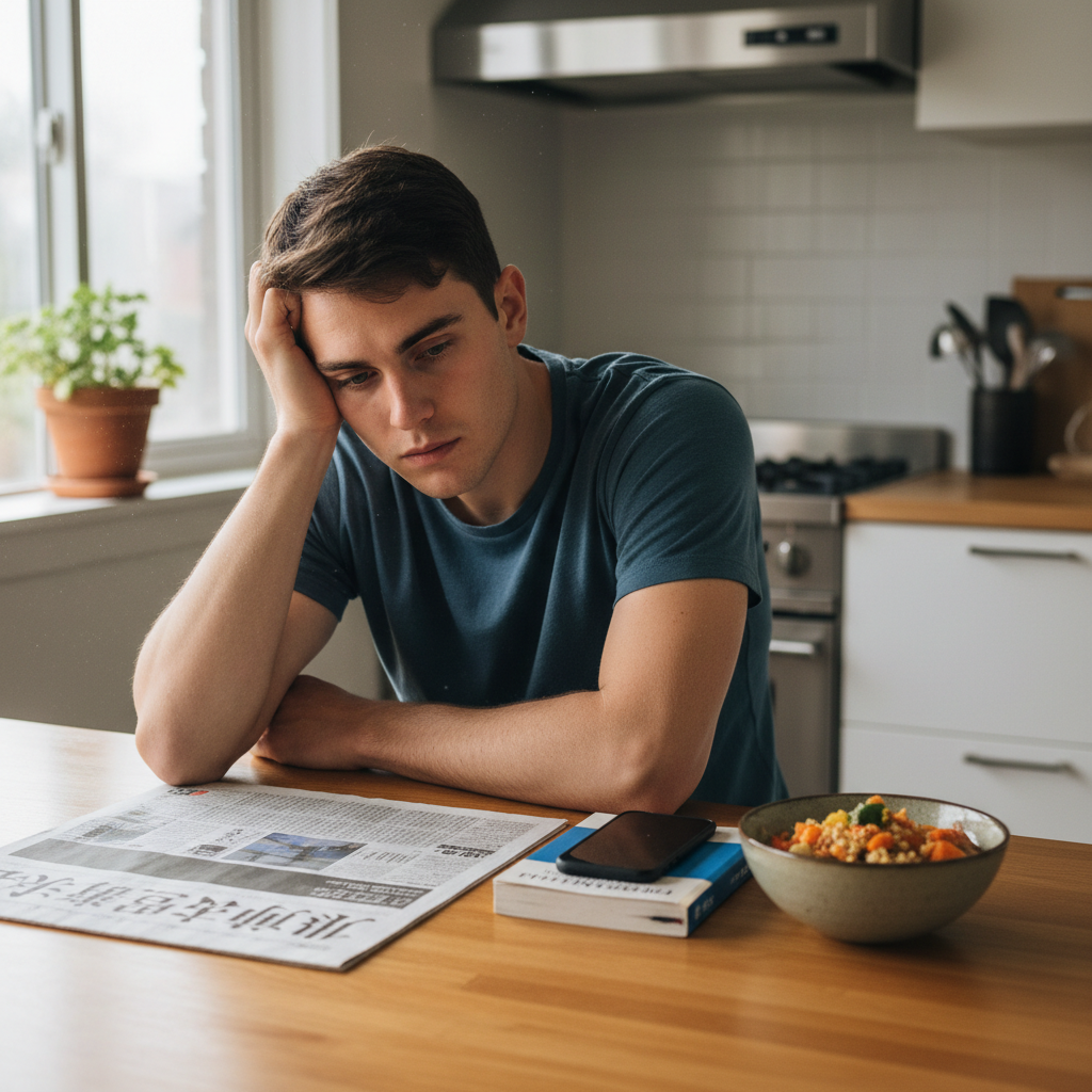 A young athlete looks confused while sitting at a table with a translation book and local newspaper