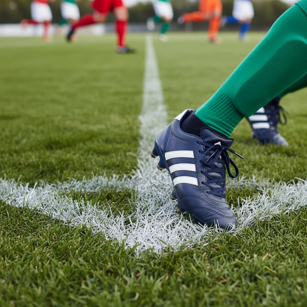 Football player boots standing firmly on a white chalk line on a grass field