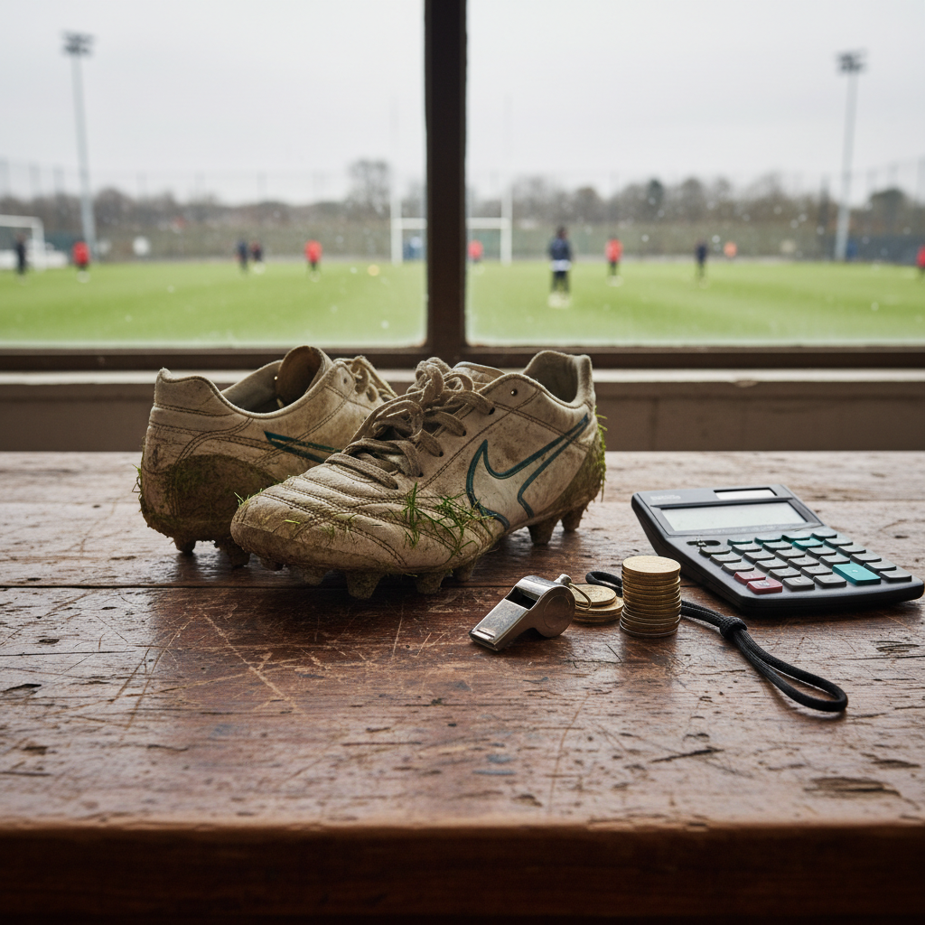 Youth football boots, a whistle, and a stack of coins on a wooden desk near a window