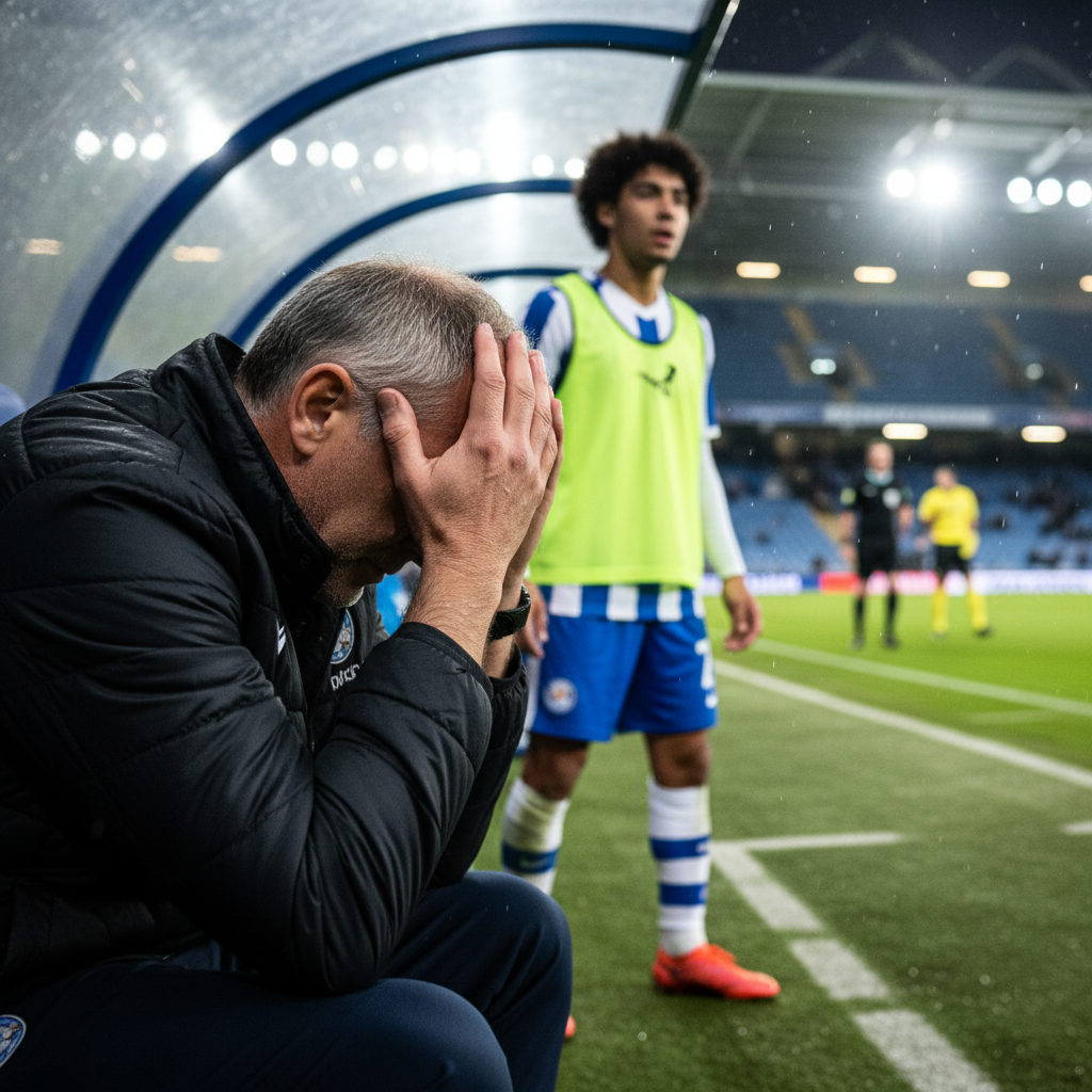 A frustrated manager sits on a bench while a substitute player in a neon bib waits to enter a match