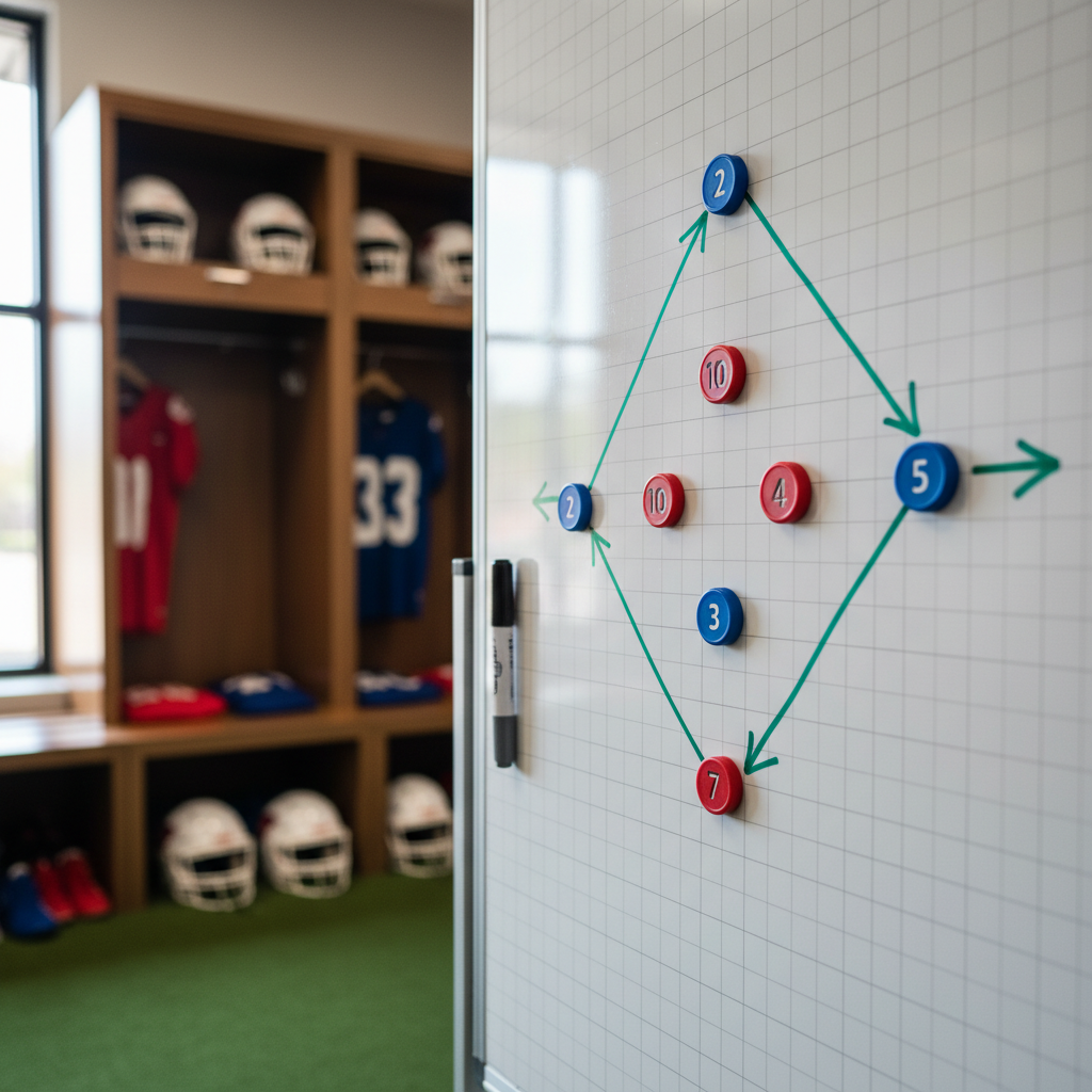 Tactical whiteboard with green markers showing a small, organized football team formation