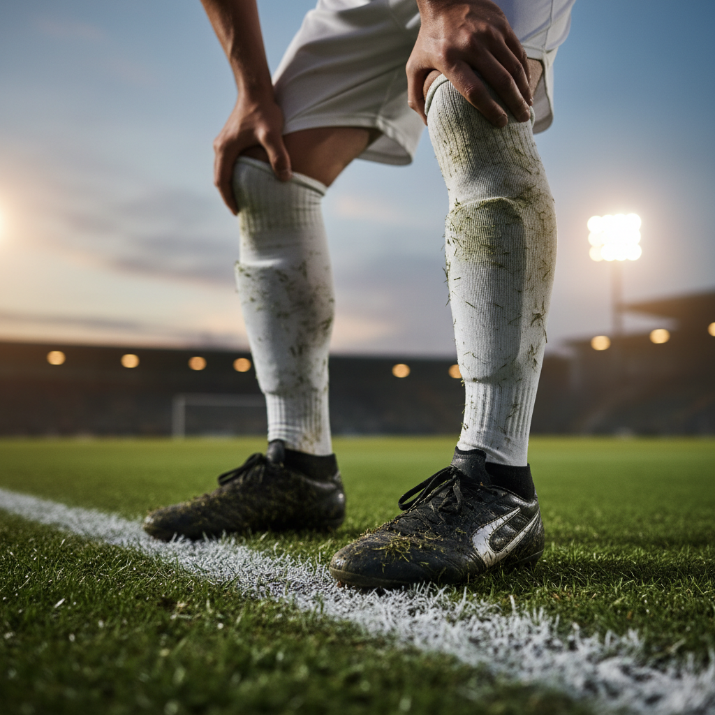 Football player leaning over with hands on knees on a grass pitch