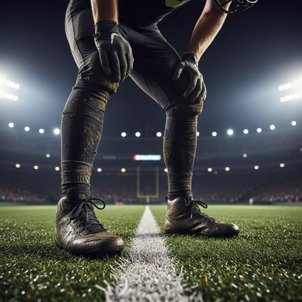 Exhausted football player leaning over with hands on knees on a grass pitch under stadium lights