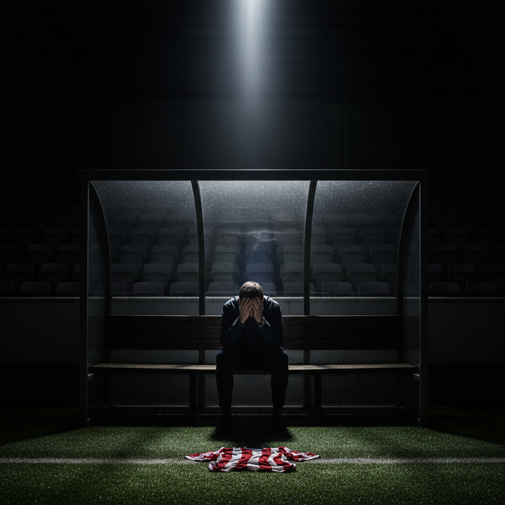 Stressed football manager sitting in a dark dugout at night next to a discarded jersey