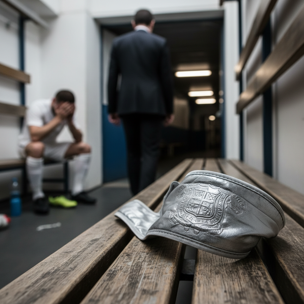 A captain's armband sits alone on a locker room bench with a blurred figure in the background
