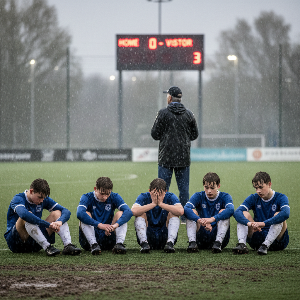 Teenage football players sitting dejected on a rainy pitch during a match