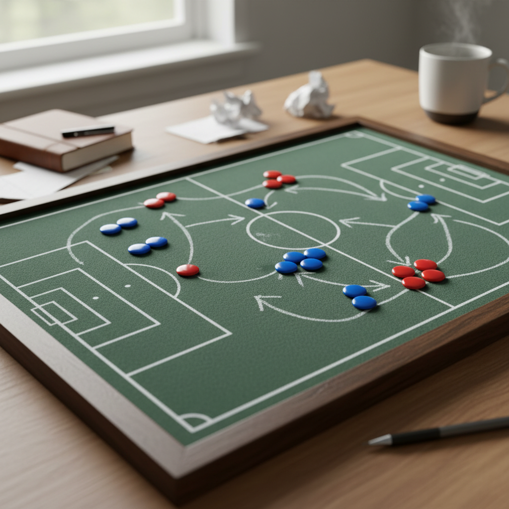 Tactical coaching board with red and blue magnets and white chalk arrows showing player movement