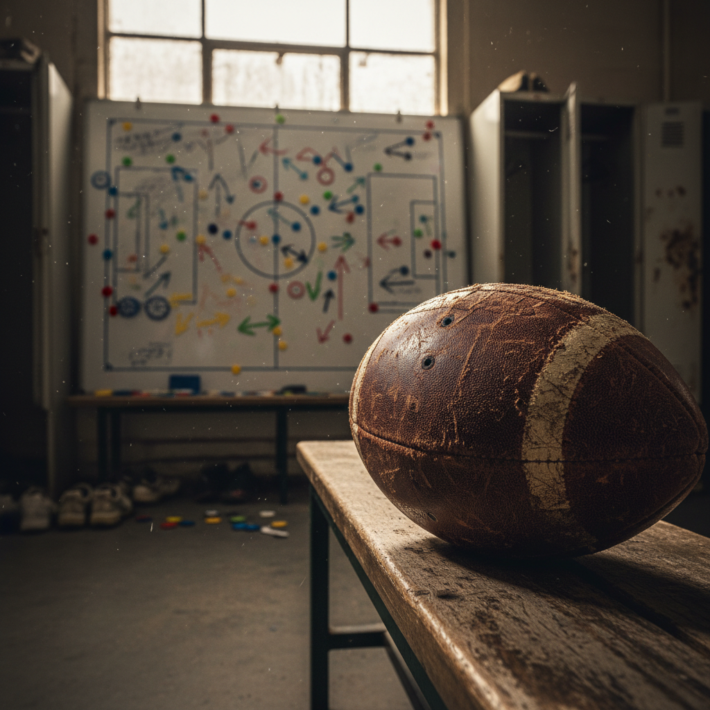 A leather football on a locker room bench with a tactical whiteboard blurred in the background