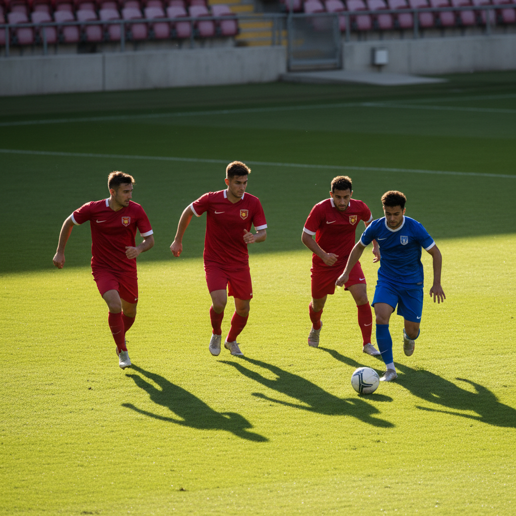 Three players in red jerseys sprinting to press an opponent with the ball