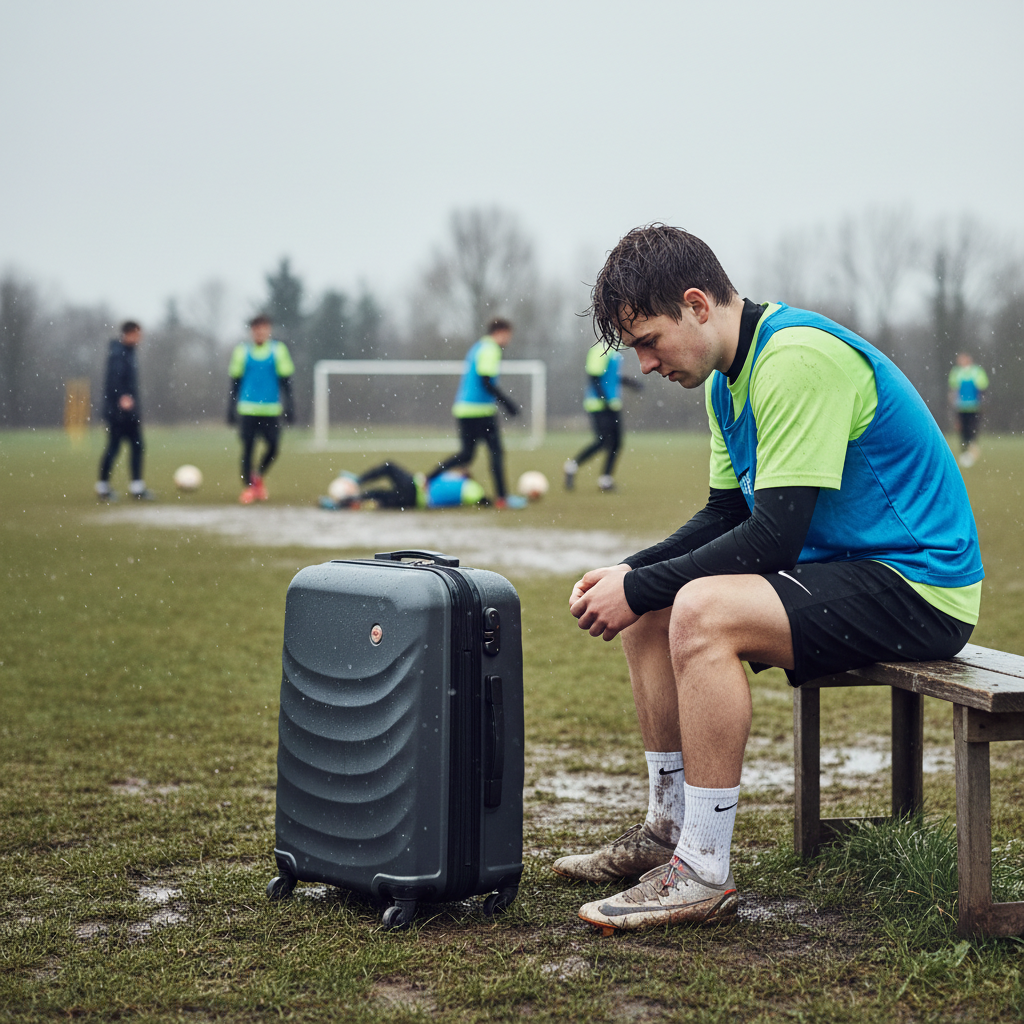 Lonely soccer player sitting on a bench with a suitcase during a rainy practice session