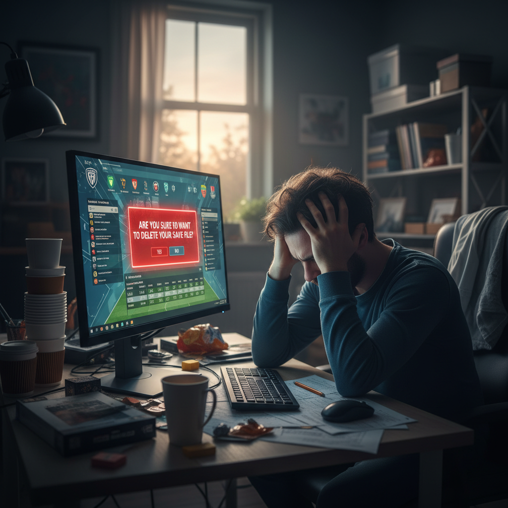 A frustrated gamer sitting at a computer looking at a tactical deletion screen in a dark room