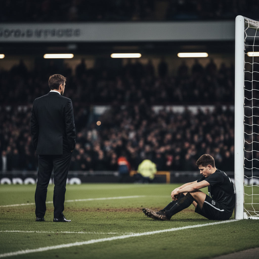 A frustrated young football player sits against a goalpost in a lit stadium while a manager watches from the sidelines