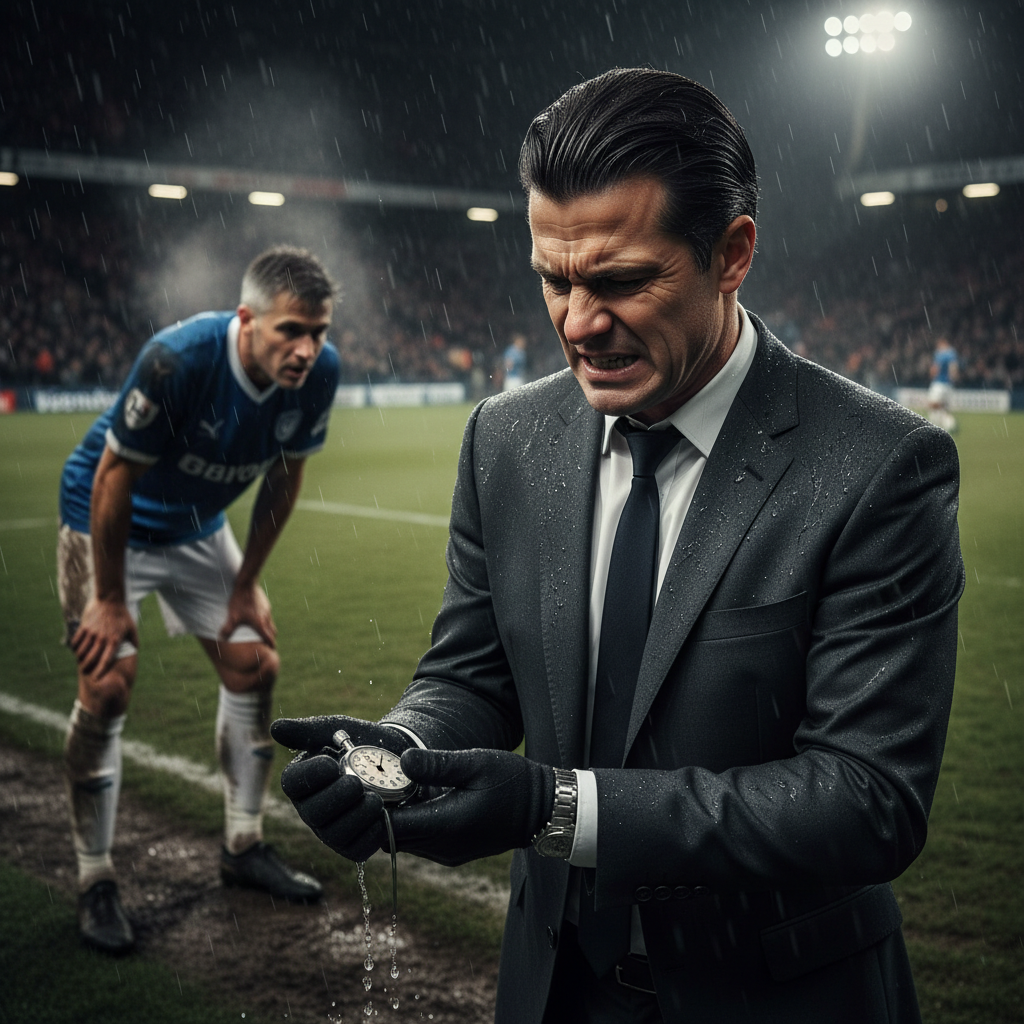 Football manager checking his watch while an exhausted veteran player recovers in the background