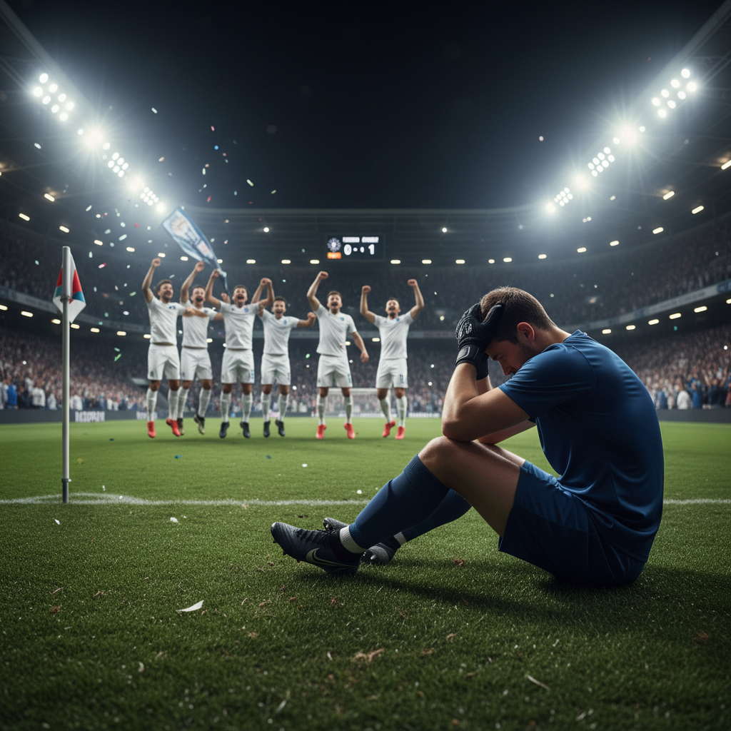 A tired football player sits defeated on the pitch while the opposing team celebrates a late goal in the background