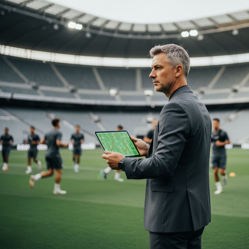 A football manager holding a tactical tablet on a pitch sideline