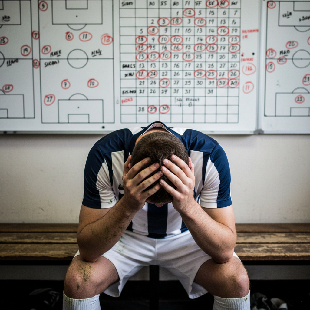 Exhausted football player sitting on a locker room bench with their head in their hands next to a busy game schedule
